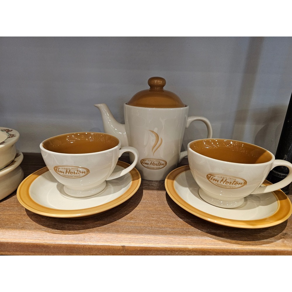 Tim Hortons Ceramic Tea Set‎ Teapot 2 Cups 2 Saucers Cream Tan Always Fresh Logo
